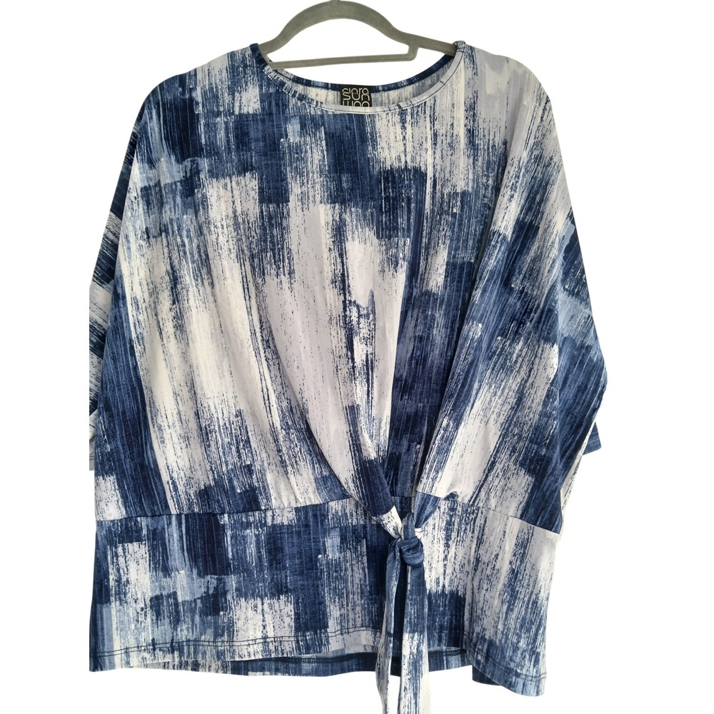 NWT Clara Sun Woo Women's Plus Size 1X Tie Front Top Blouse Blue White Abstract